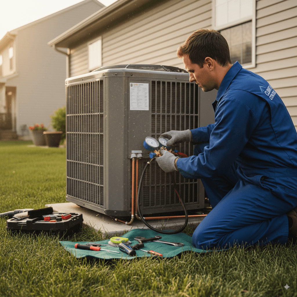 Técnico trabalhando em um sistema de ar condicionado
